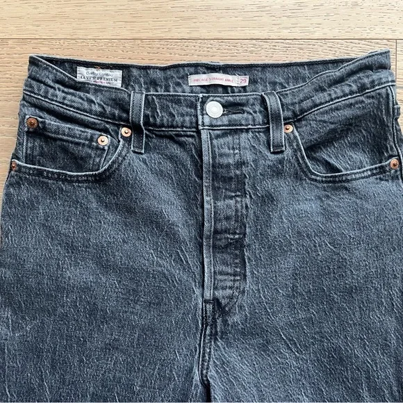 Levi’s Ribcage Straight Jeans High Rise Black Wash Cropped Ankle 30x 27 - Picture 5 of 9